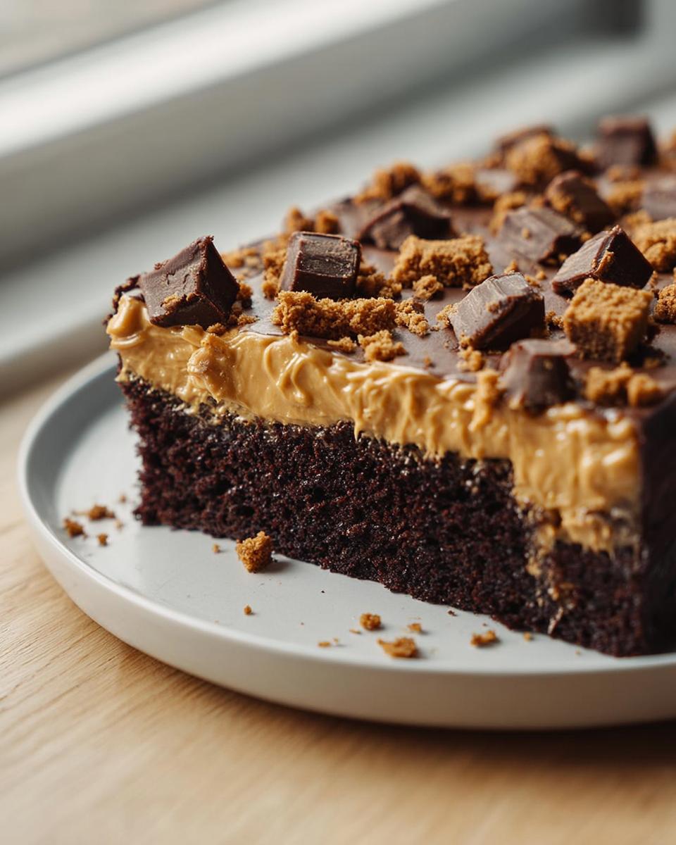 Slice of rich chocolate cake with creamy peanut butter frosting, topped with chocolate chunks and cookie crumbs. Cake ideas recipes.