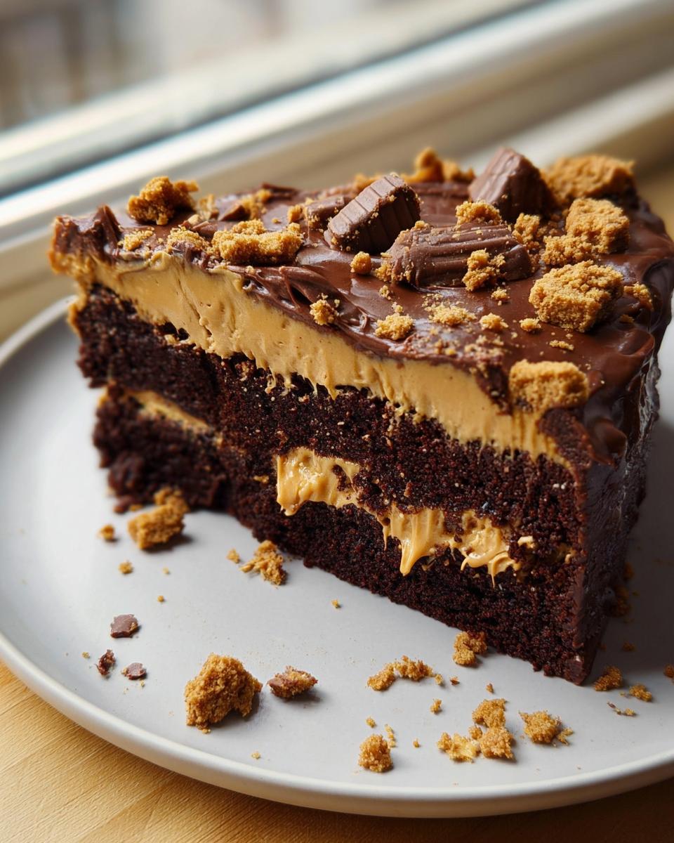 A slice of rich chocolate cake with peanut butter frosting and chocolate ganache, topped with cookie crumbs and candy pieces. Cake Ideas Recipes.