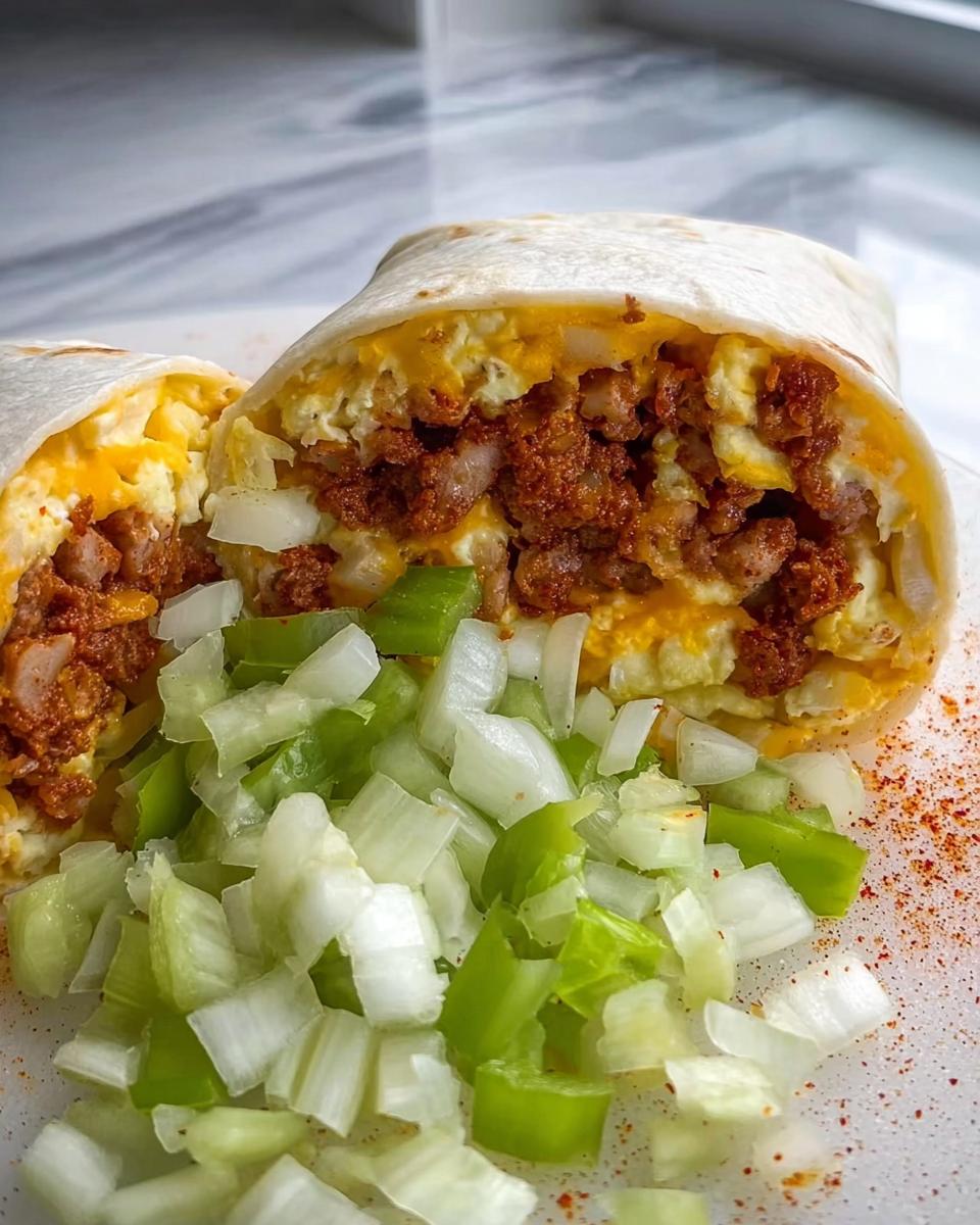 A hearty chorizo and egg breakfast burrito cut in half, served with chopped onions and green peppers.