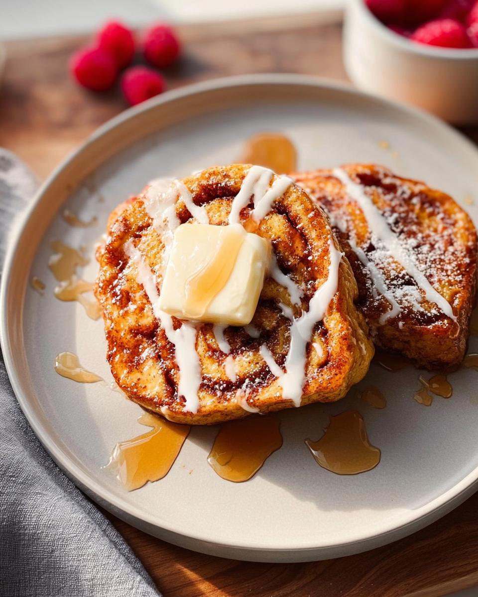 Two slices of cinnamon roll French toast topped with butter, icing, and syrup, part of Restaurant-Style Breakfast Ideas Recipes at Home.