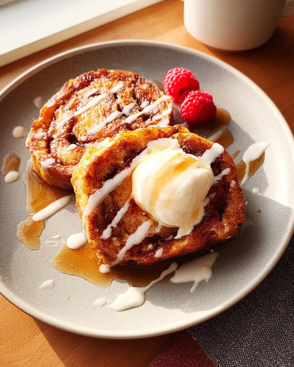 Two slices of cinnamon roll French toast topped with ice cream, drizzled with icing and syrup, with raspberries on the side.