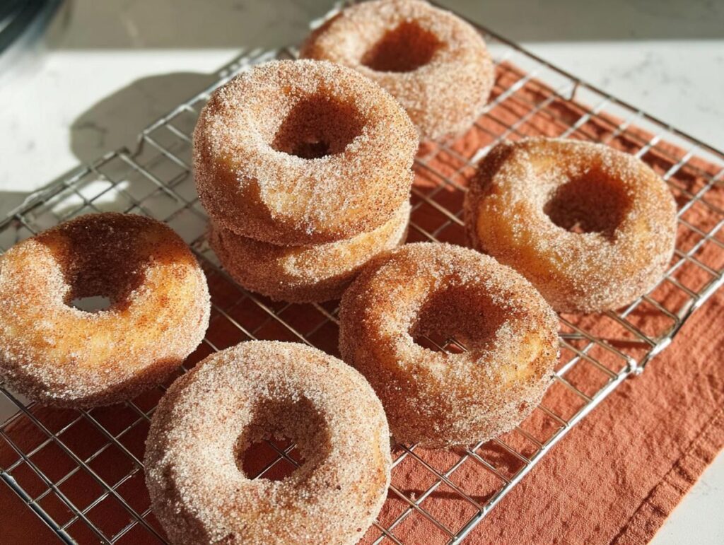 A close-up of freshly made cinnamon sugar donuts cooling on a wire rack, perfect for breakfast ideas.