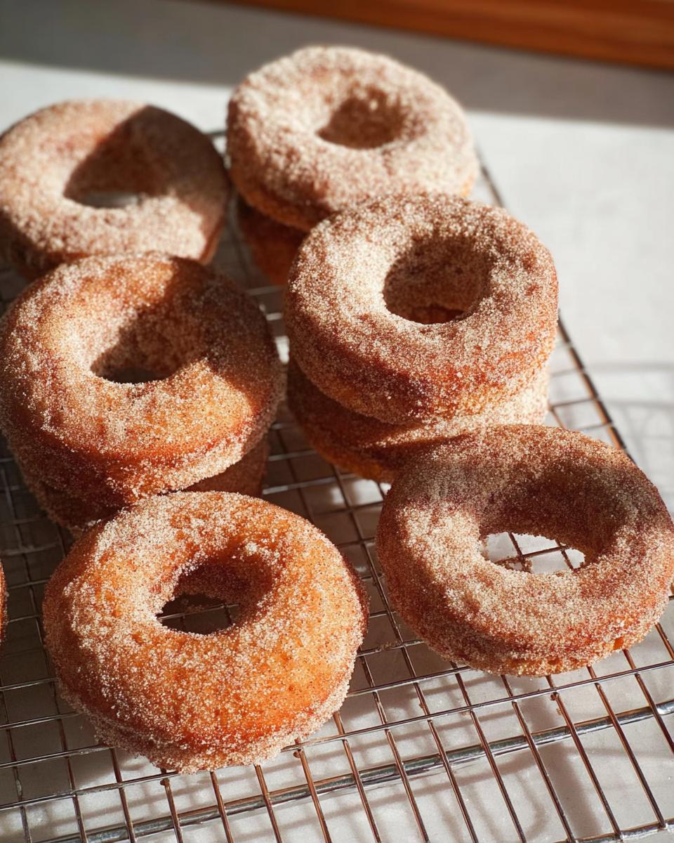 A stack of freshly baked cinnamon sugar donuts, perfect for breakfast ideas recipes.
