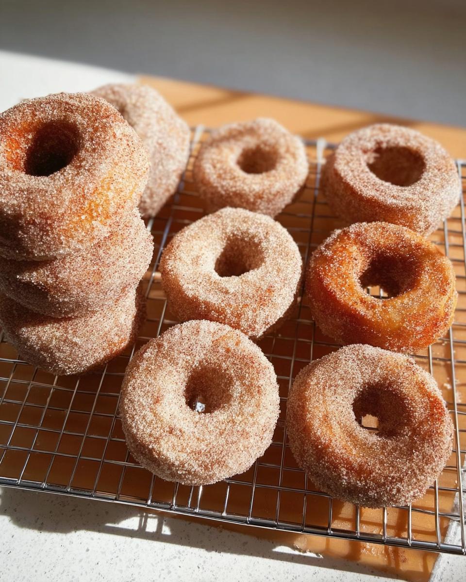 A stack of freshly made cinnamon sugar donuts cooling on a wire rack, perfect for breakfast ideas.