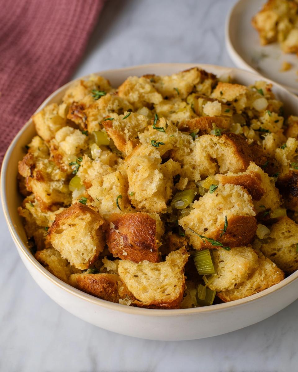A bowl of classic bread stuffing with celery and herbs, part of The Only Stuffing Recipes Recipe You’ll Need (2025).