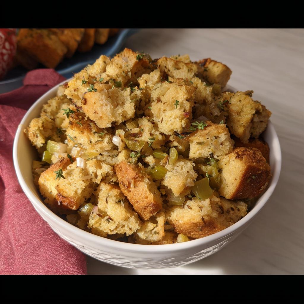 A white bowl filled with delicious homemade stuffing, featuring cubed bread, celery, onions, and herbs.
