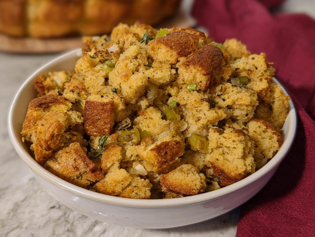 A close-up of a white bowl filled with classic stuffing recipe, featuring bread cubes, celery, and herbs.