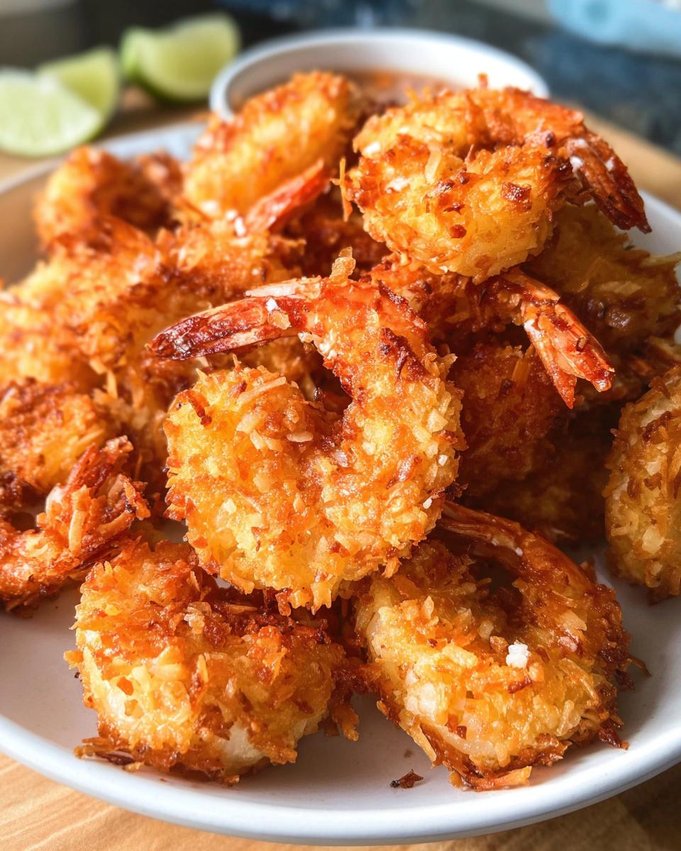 A close-up of golden-brown, crispy coconut shrimp piled on a white plate, perfect for busy weeknights.