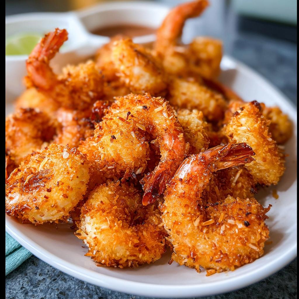 A plate of golden-brown, crispy coconut shrimp, perfect for quick and easy weeknight meals.