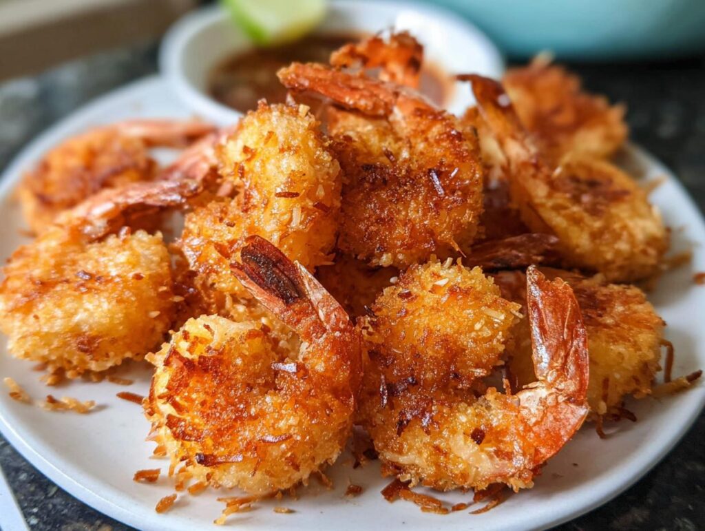 Crispy golden coconut shrimp piled on a white plate, a quick and easy shrimp recipe idea.