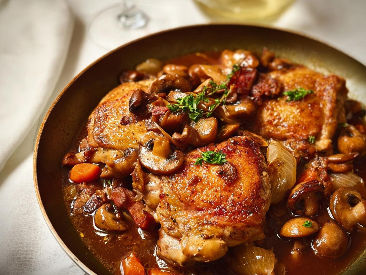 Close-up of tender chicken thighs braised in a rich red wine sauce with mushrooms, bacon, and pearl onions.