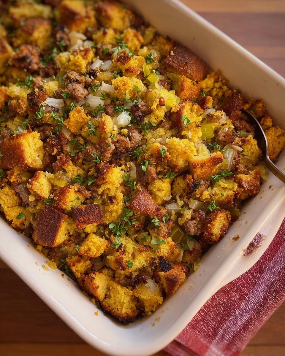 Close-up of a baking dish filled with cornbread stuffing, featuring sausage, celery, onions, and parsley.