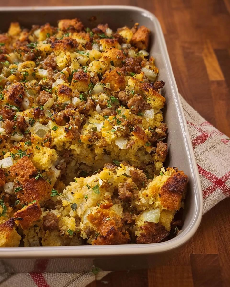 A close-up of a baking dish filled with cornbread stuffing, featuring crumbled sausage, diced onions, and fresh herbs.