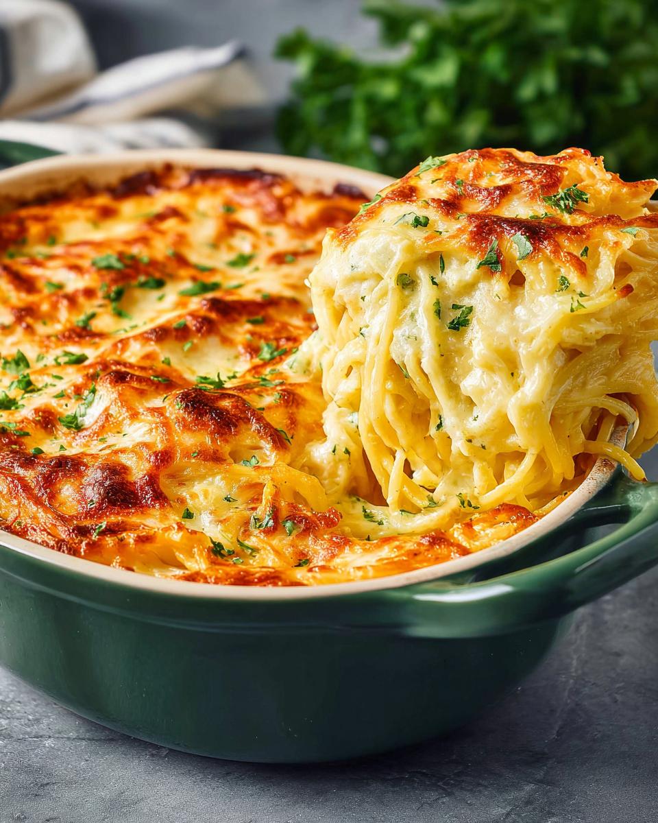 A generous serving of creamy baked spaghetti pasta being lifted from a green casserole dish, topped with melted cheese and parsley.