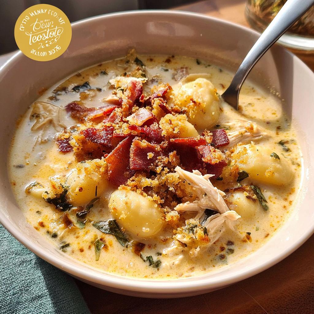 A bowl of creamy chicken gnocchi soup topped with crispy bacon and breadcrumbs. One of the best soup recipes.