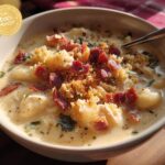 Close-up of a bowl of creamy chicken gnocchi soup topped with crispy bacon and breadcrumbs. The Only Soup Recipes Recipe You’ll Need.