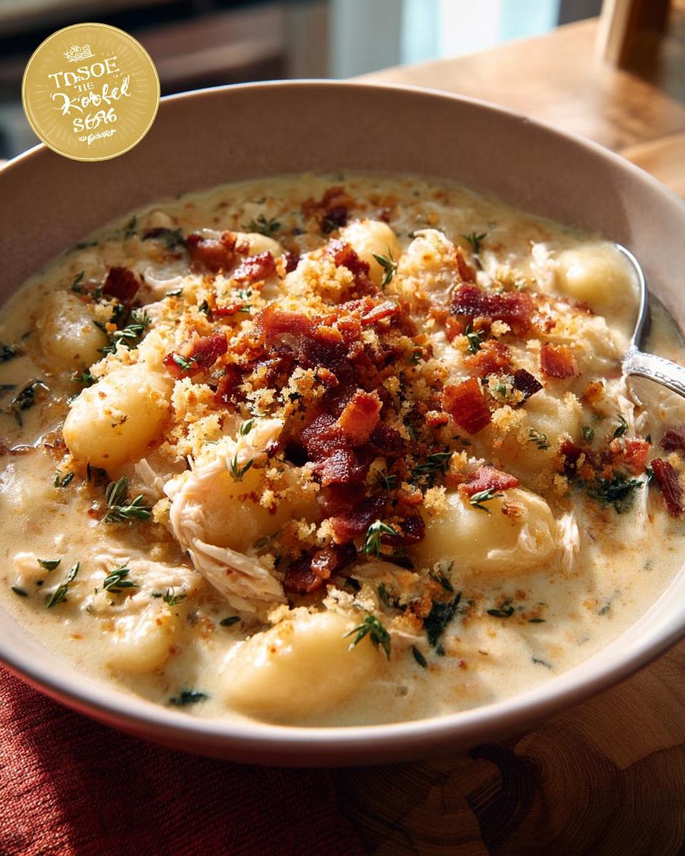 A bowl of creamy chicken gnocchi soup topped with crispy bacon and breadcrumbs, a perfect addition to your soup recipes.