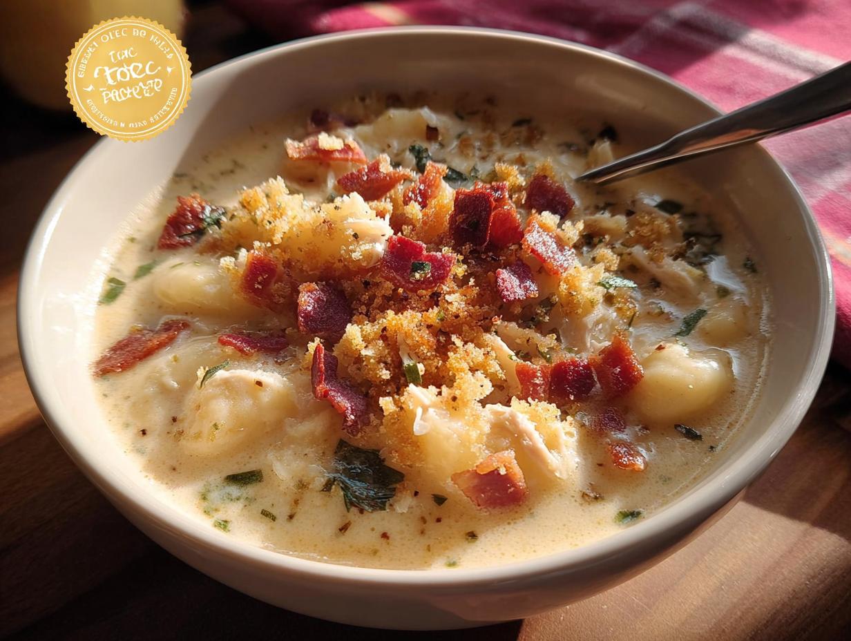 Close-up of a bowl of creamy chicken gnocchi soup topped with crispy bacon and breadcrumbs. The Only Soup Recipes Recipe You’ll Need.