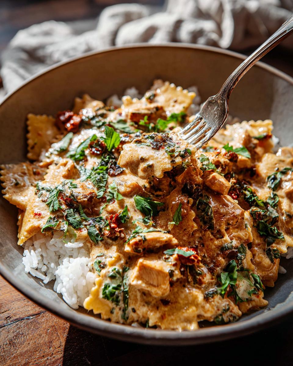 A fork lifting a piece of creamy chicken pasta over a bed of white rice in a bowl, part of The Only Rice Bowls Recipes Recipe You’ll Need.
