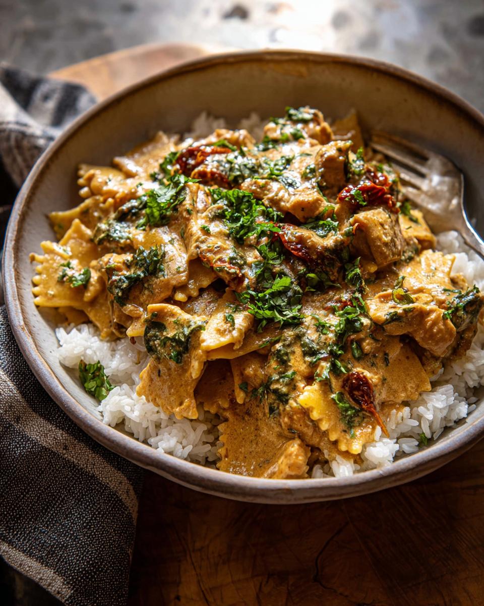 A delicious rice bowl recipe featuring creamy chicken pasta with sun-dried tomatoes and fresh parsley.