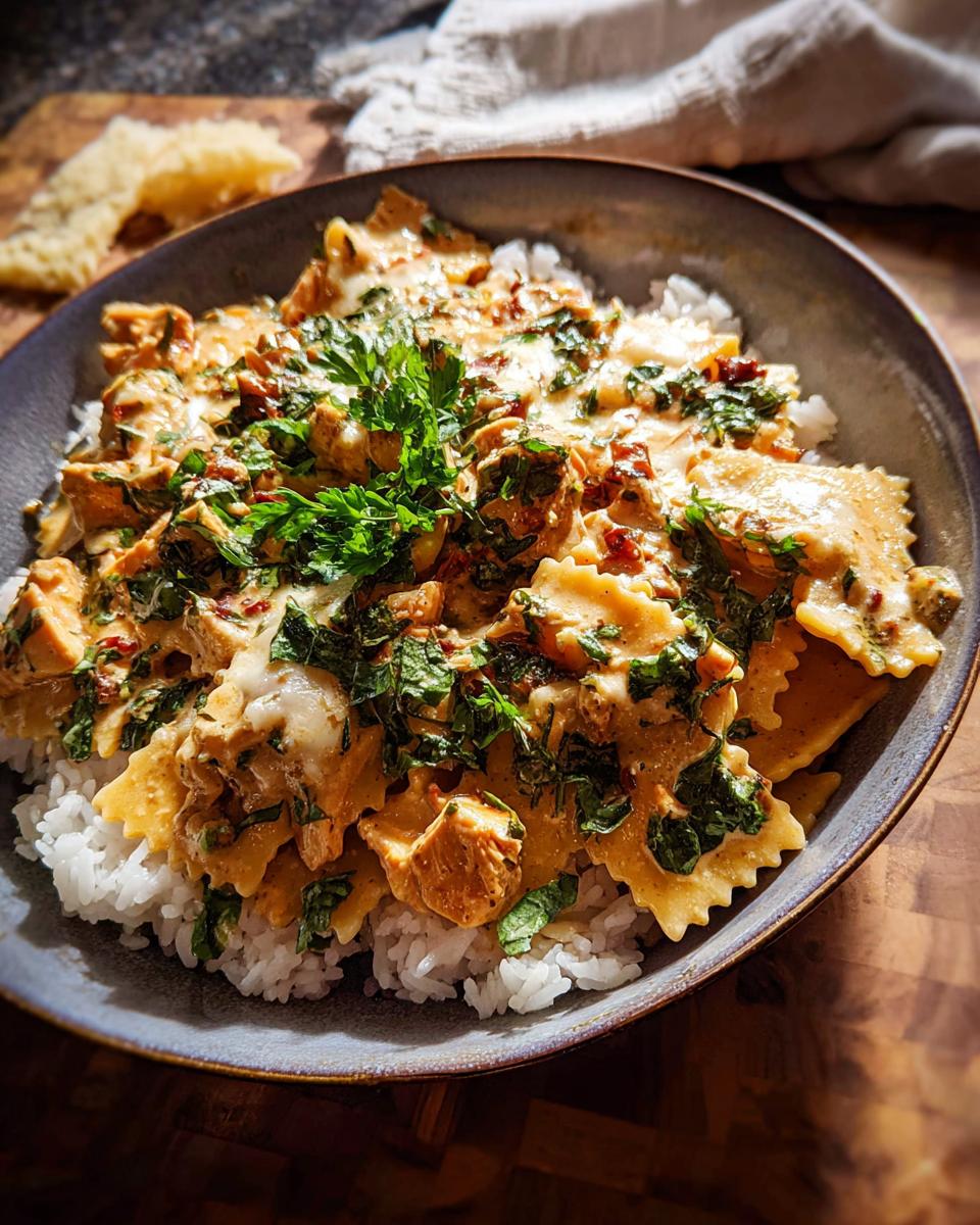 A delicious rice bowl recipe featuring creamy chicken and pasta over white rice, topped with fresh parsley.