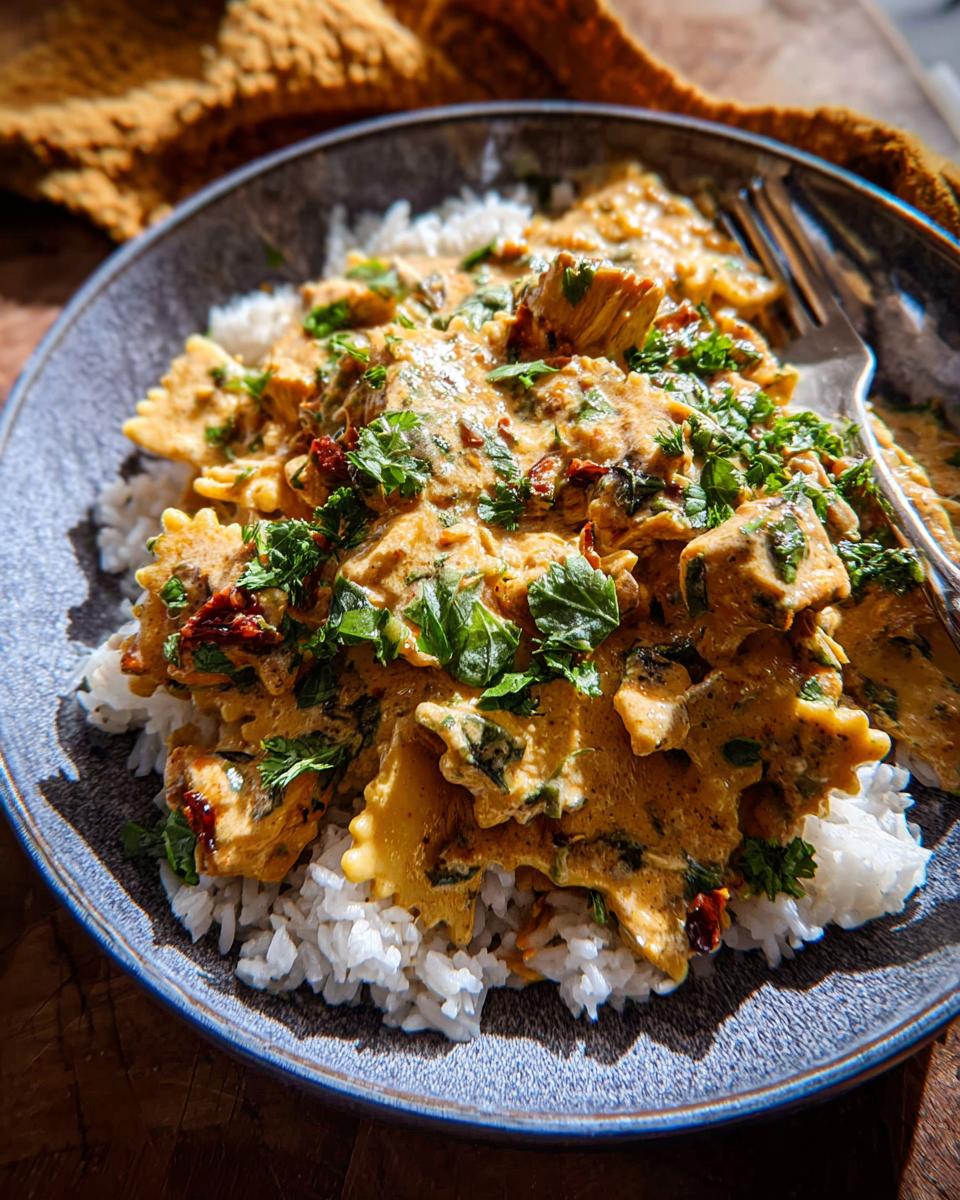 A close-up of a rice bowl topped with creamy chicken, pasta, sun-dried tomatoes, and fresh parsley. This is one of The Only Rice Bowls Recipes Recipe You’ll Need.