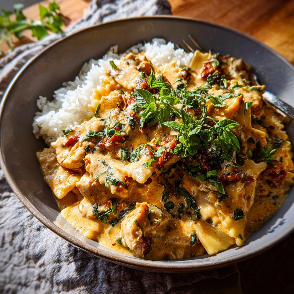 A delicious rice bowl recipe featuring creamy chicken and ravioli, topped with fresh herbs and sun-dried tomatoes.