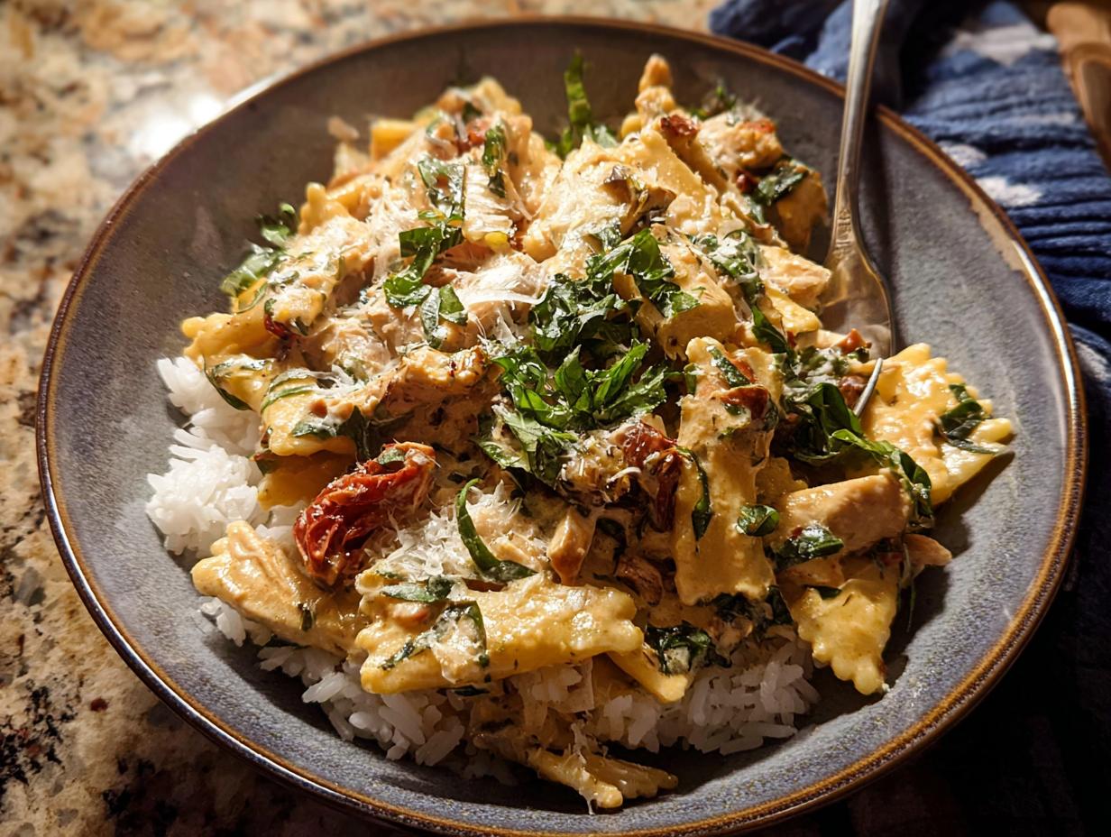 A delicious rice bowl recipe featuring creamy chicken, sun-dried tomatoes, and fresh herbs over white rice.