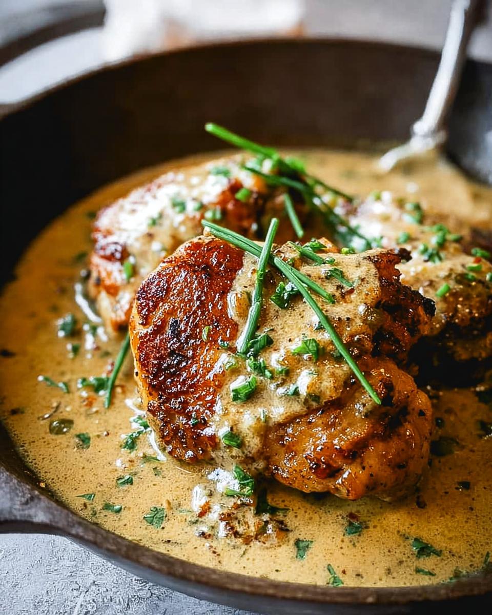 Close-up of pan-seared chicken thighs in a creamy sauce, garnished with chives.