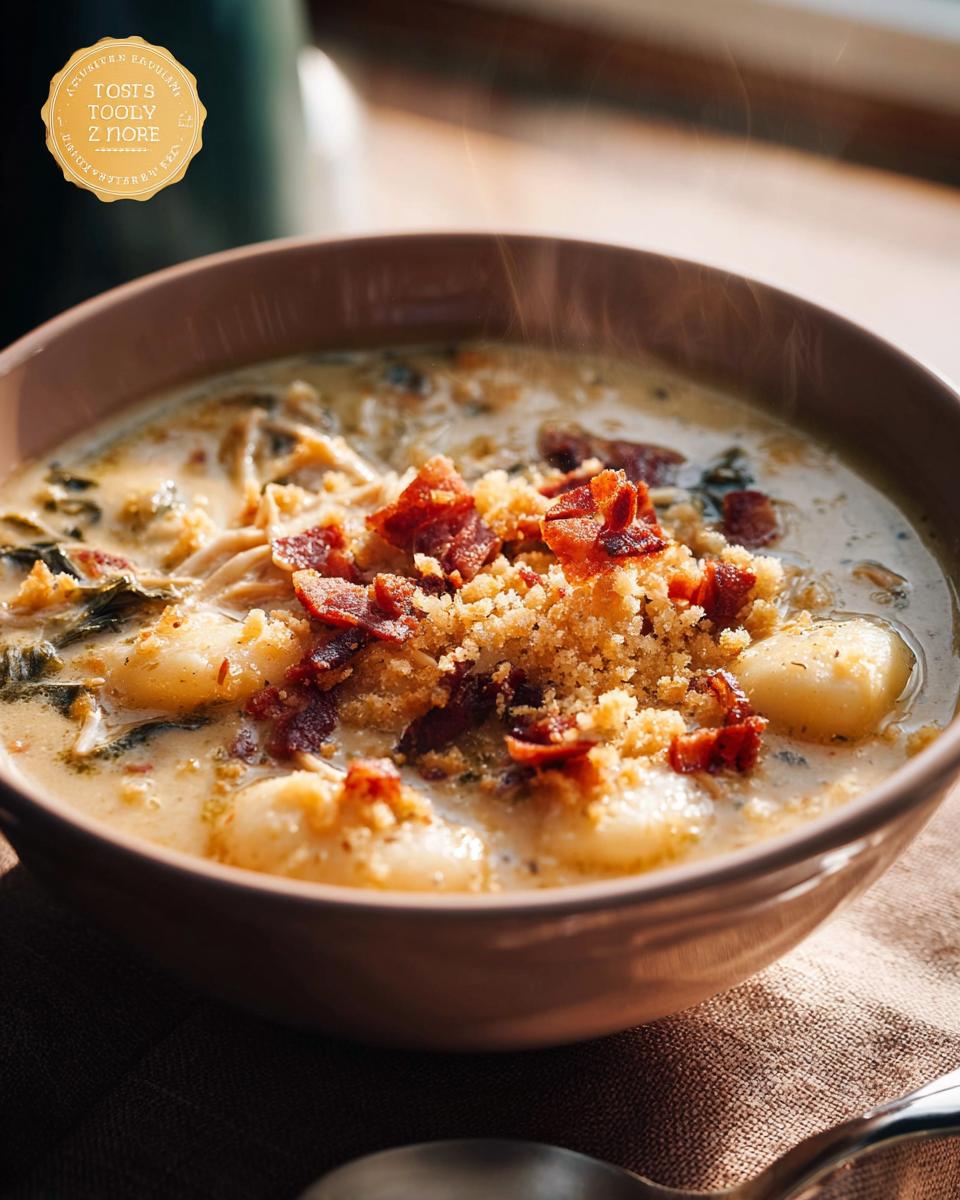 A steaming bowl of creamy gnocchi soup topped with crispy bacon and breadcrumbs. This is one of the best soup recipes.