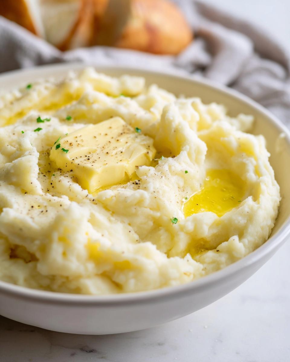 A close-up of a bowl of fluffy mashed potatoes topped with a pat of melting butter, black pepper, and fresh parsley.