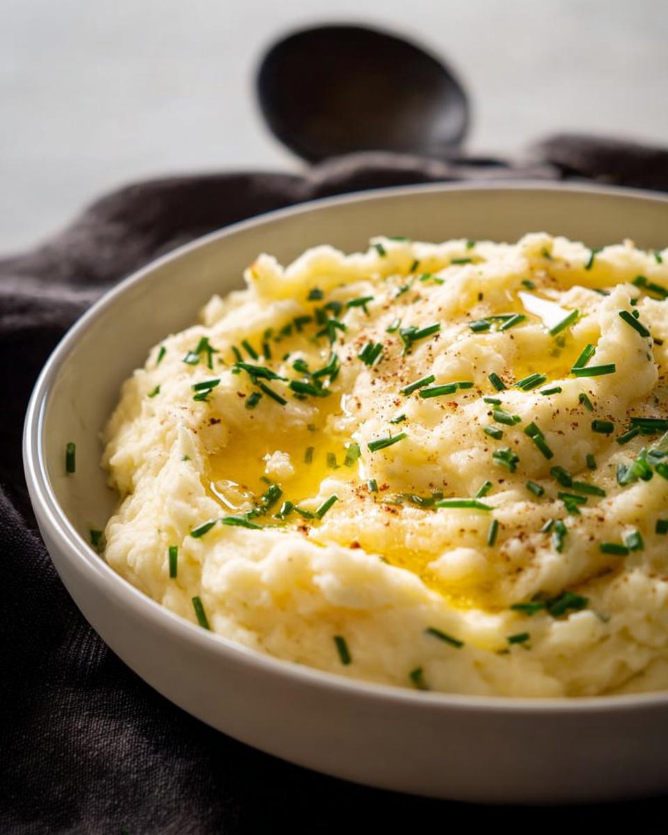 A close-up of creamy mashed potatoes topped with melted butter, chives, and a sprinkle of pepper.