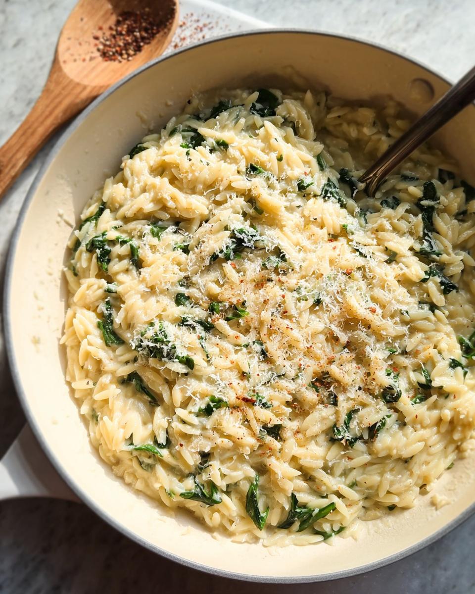 Close-up of creamy orzo pasta with spinach, topped with grated Parmesan cheese, a perfect veggie sides recipe.