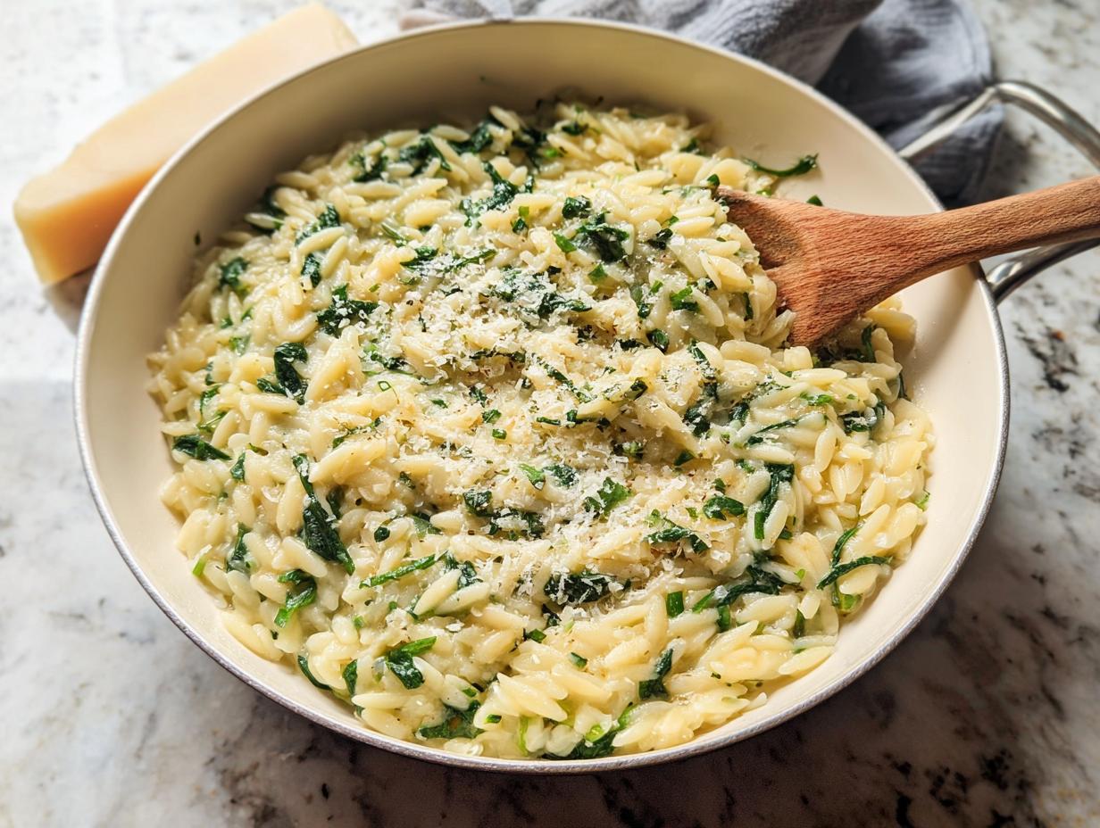 Close-up of creamy orzo pasta with spinach and grated Parmesan cheese, a perfect addition to your Veggie Sides Recipes.