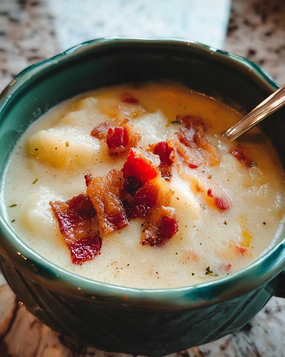 Close-up of a bowl of creamy potato bacon soup, topped with crispy bacon pieces.