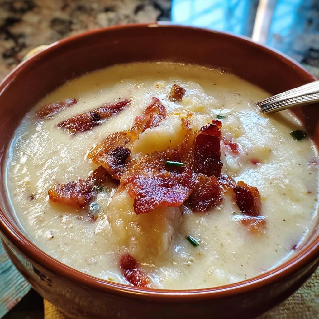 A close-up of a bowl of creamy potato soup topped with crispy bacon and chives, part of 12-Ingredient Soup Recipes.