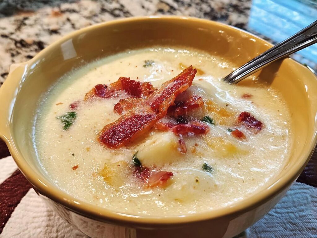 A bowl of creamy potato soup topped with crispy bacon and fresh herbs, part of the 12-Ingredient Soup Recipes.