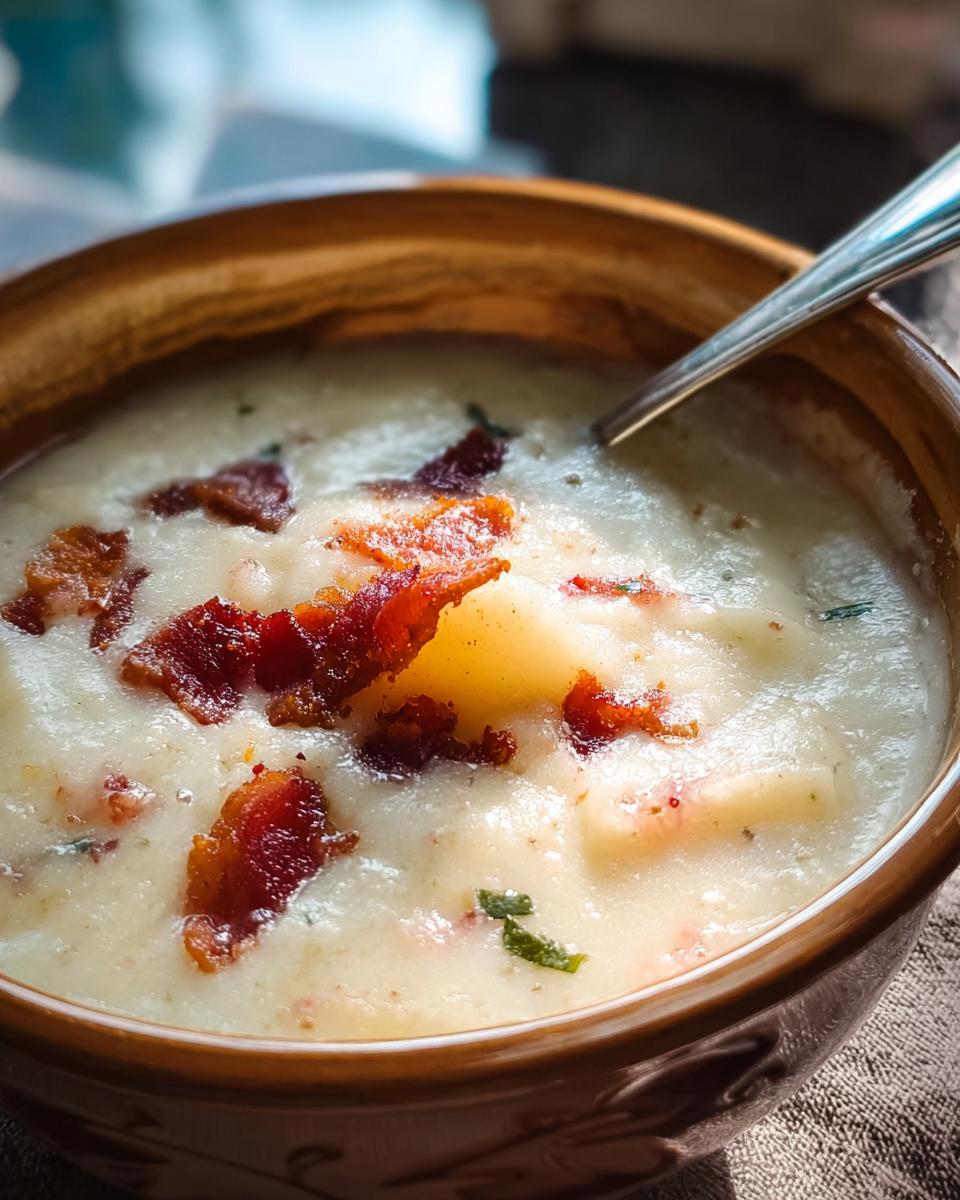 A bowl of creamy potato soup topped with crispy bacon and fresh herbs, part of 12-Ingredient Soup Recipes.