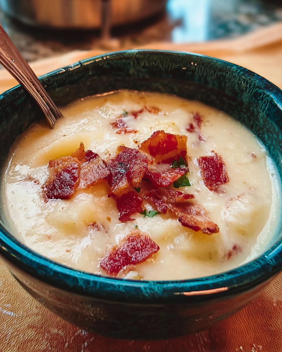 Close-up of a bowl of creamy potato soup topped with crispy bacon pieces and a hint of green herbs.