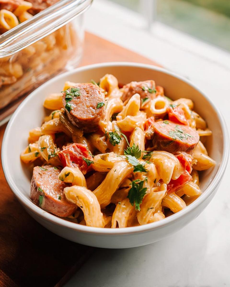 A bowl of creamy sausage pasta with tomatoes and parsley, perfect for pasta recipes meal prep.