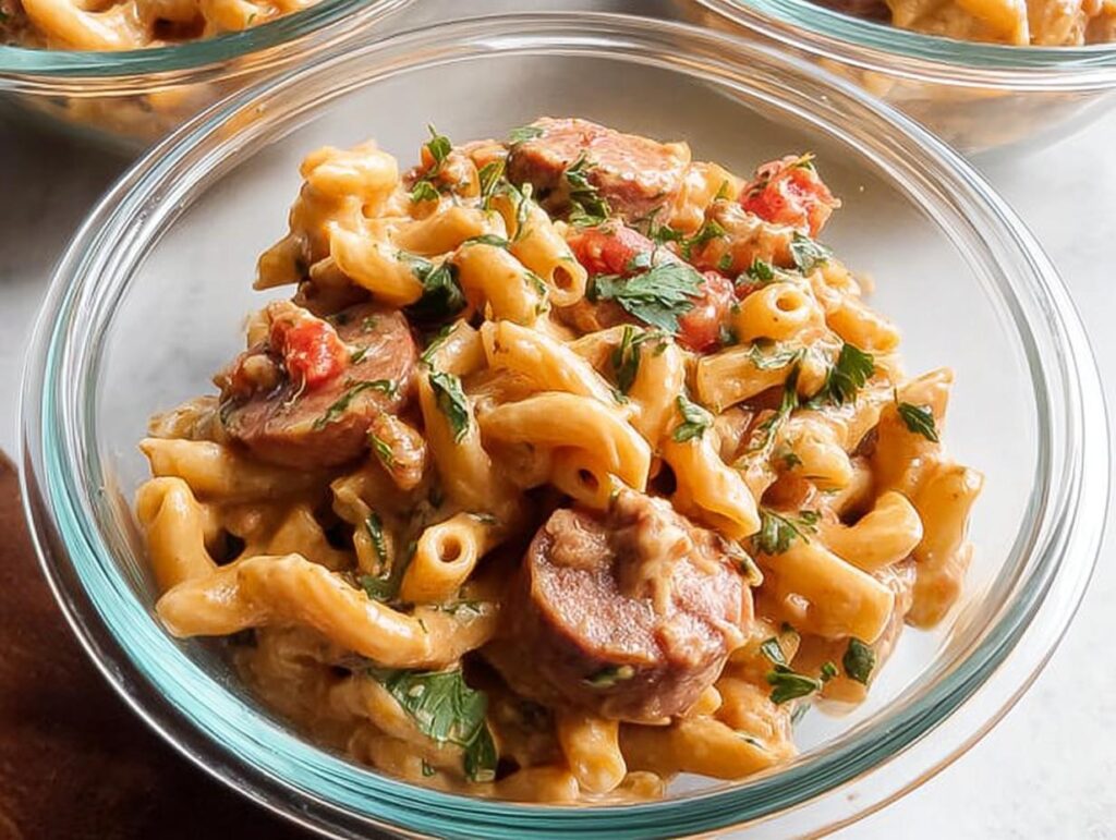 Close-up of creamy sausage pasta in a glass meal prep container, garnished with parsley.