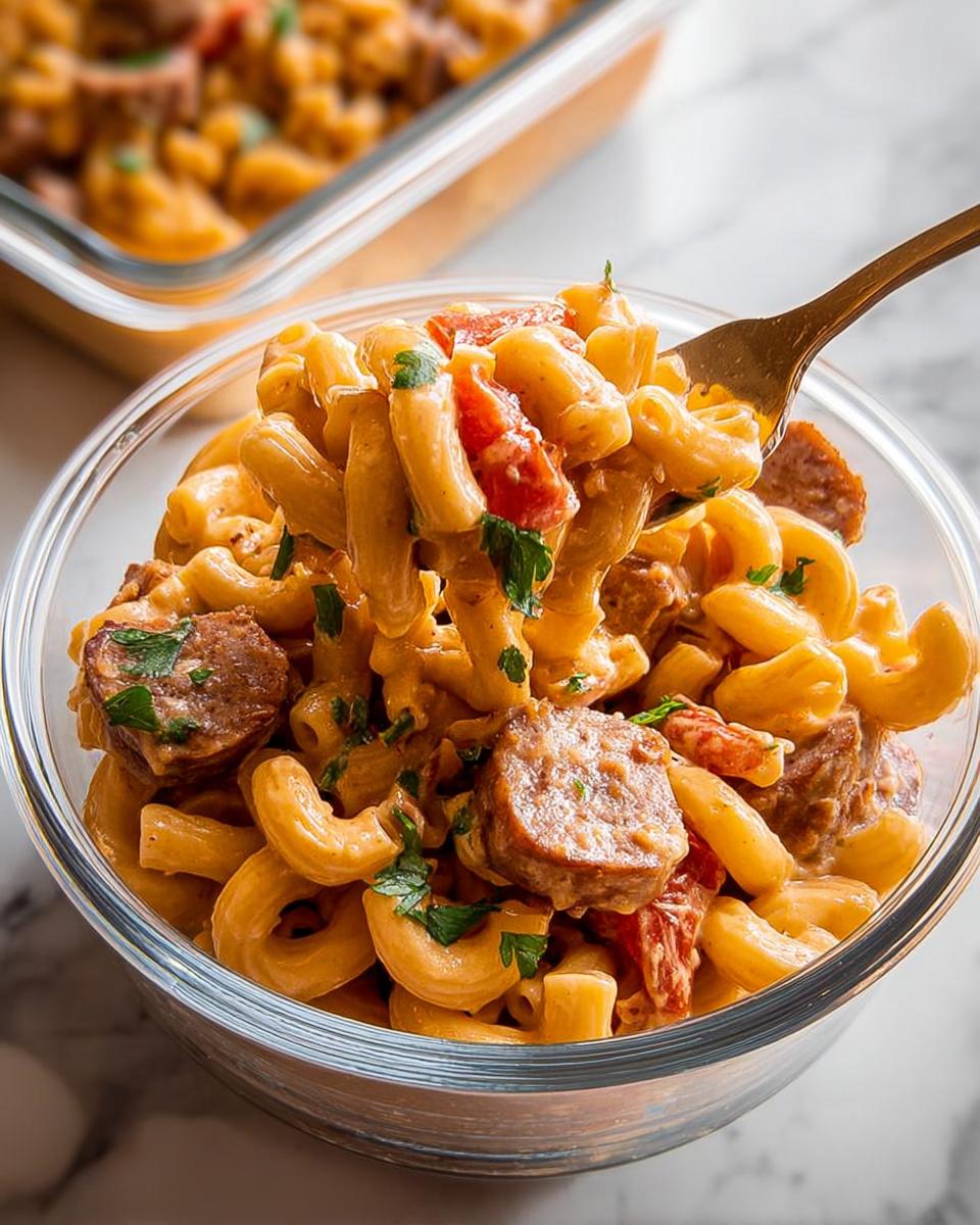 A bowl of creamy sausage pasta with tomatoes and parsley, perfect for meal prep.