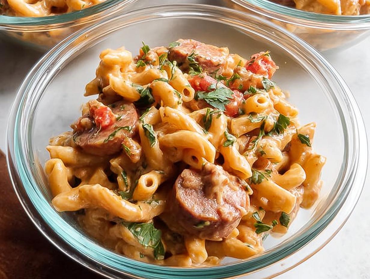 Close-up of creamy sausage pasta in a glass meal prep container, garnished with parsley.
