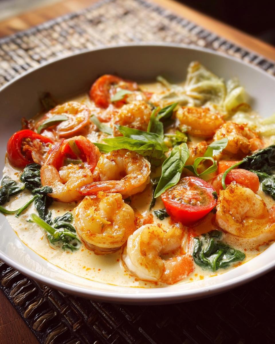 A close-up of a creamy shrimp recipe featuring plump shrimp, cherry tomatoes, and fresh spinach in a rich sauce.