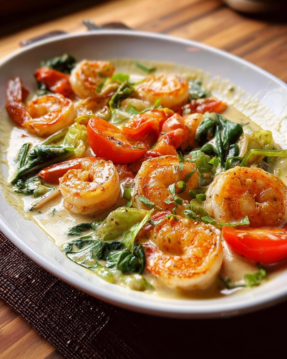 A close-up of a creamy shrimp recipe dish with plump shrimp, cherry tomatoes, and spinach.