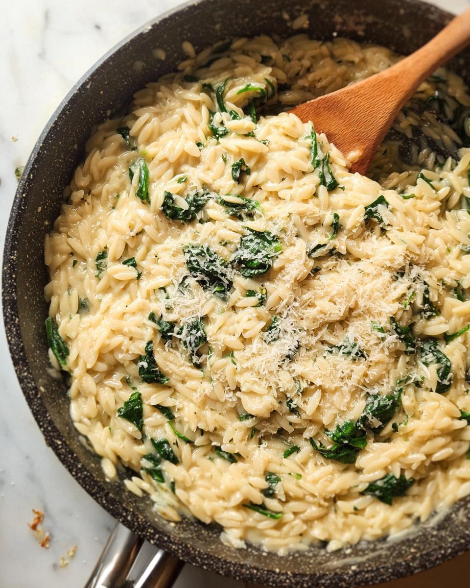 Close-up of creamy spinach orzo pasta in a pan, topped with grated parmesan cheese. A veggie side recipe.