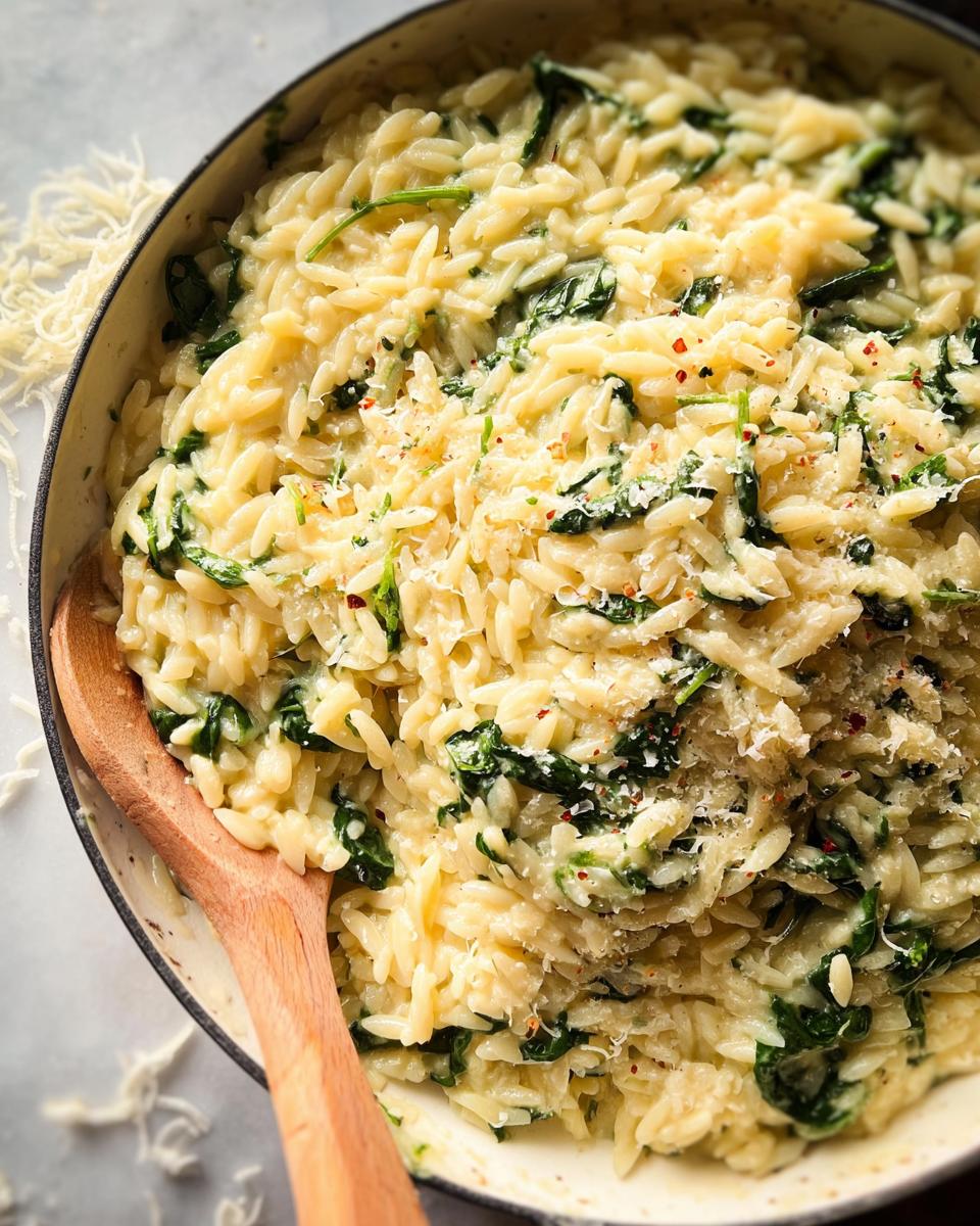 Close-up of creamy spinach orzo in a pan, a delicious veggie sides recipe.