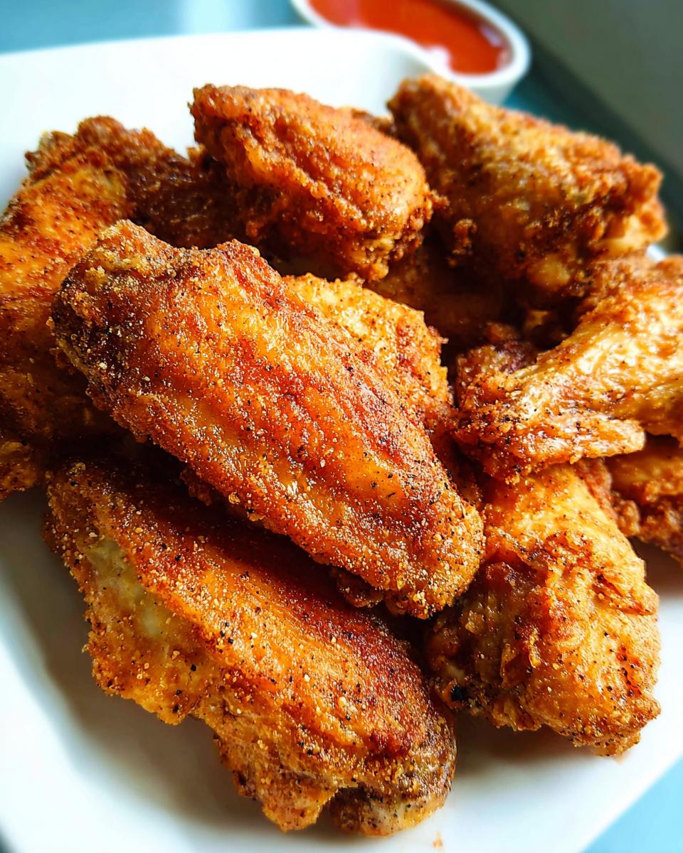 A close-up shot of a pile of crispy, golden-brown baked chicken wings seasoned with spices.