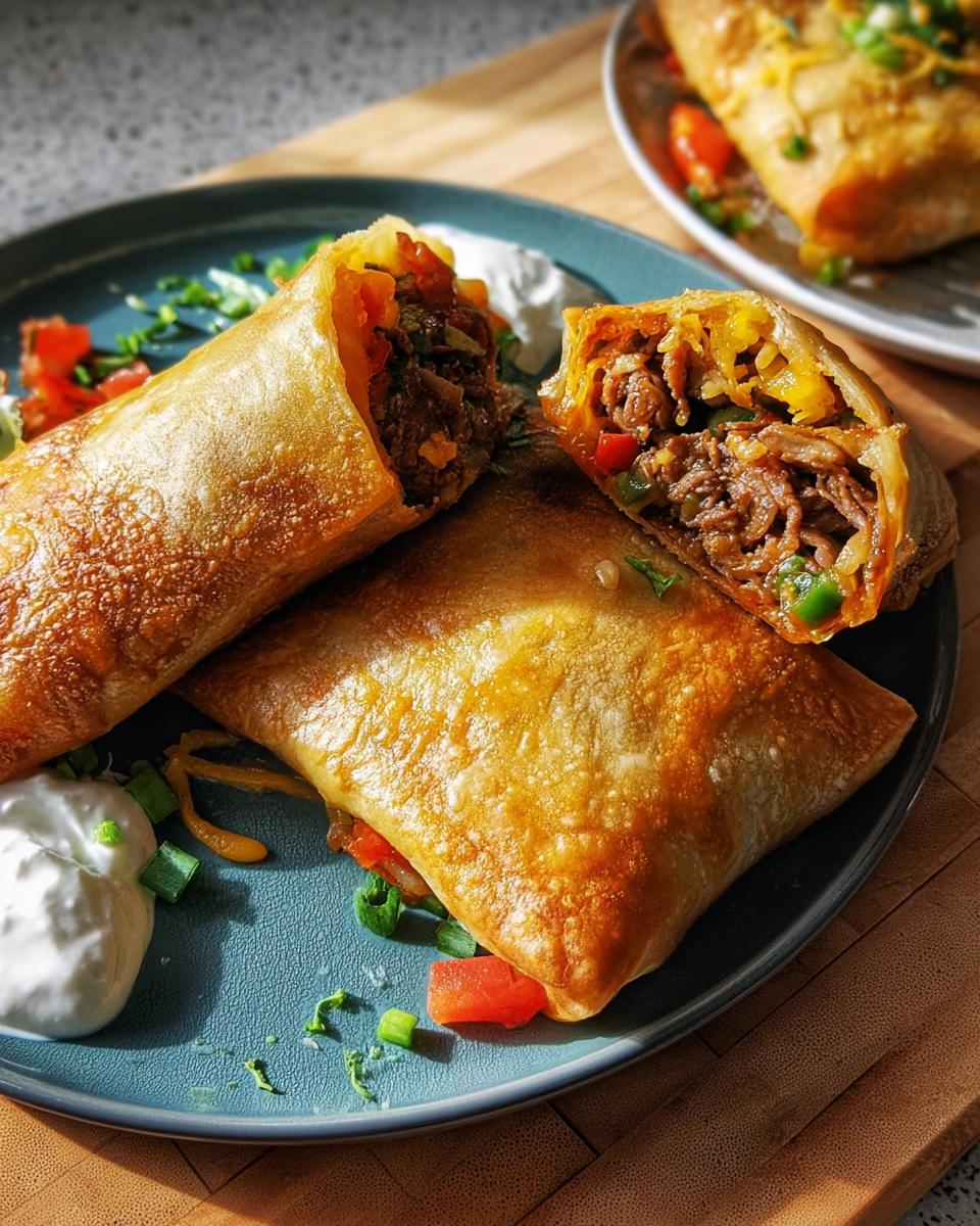 Close-up of crispy beef burritos, one cut in half to show the savory filling, served with sour cream and chopped vegetables.