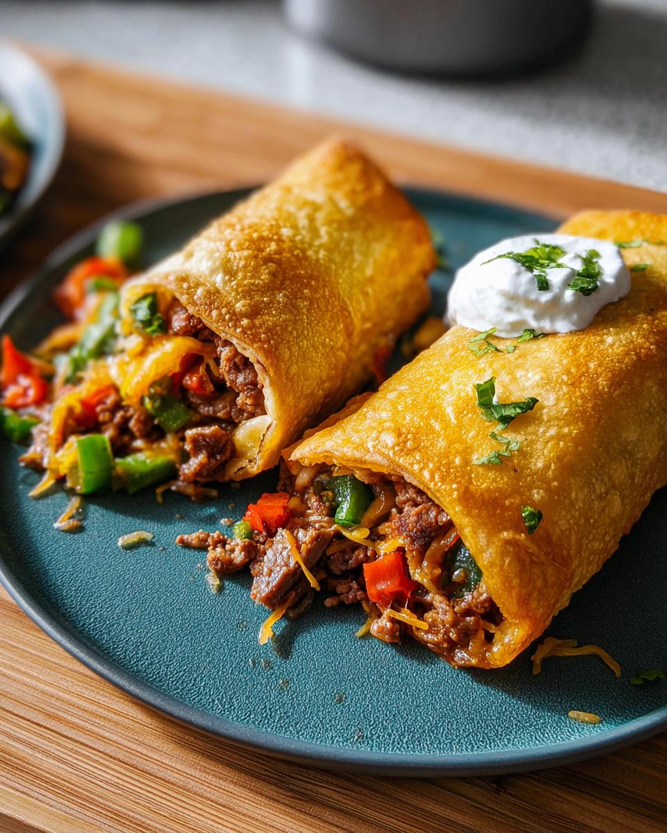 Two crispy fried egg rolls filled with seasoned ground beef, cheese, and peppers, topped with sour cream and herbs.
